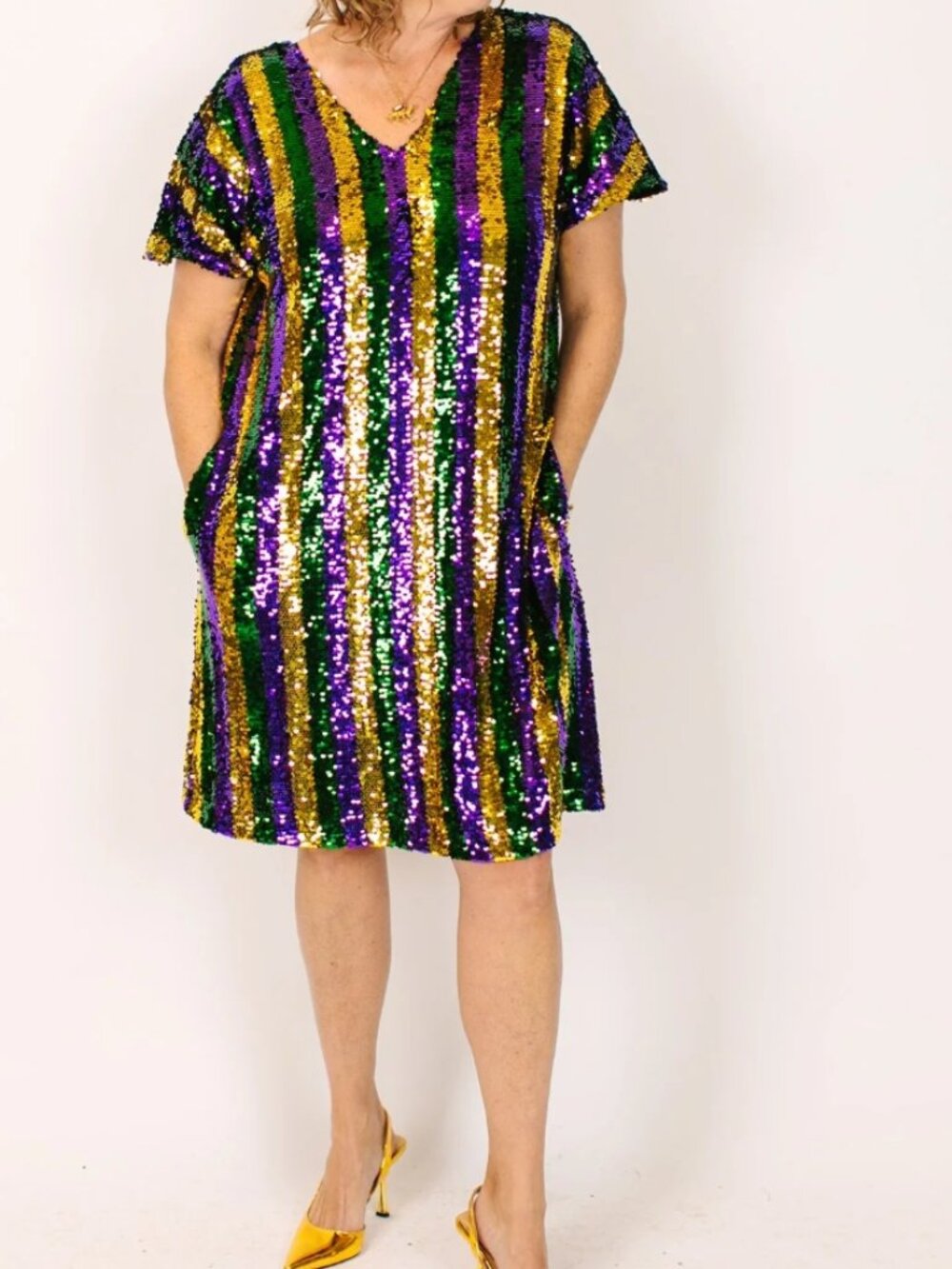 Fringe + Co. Mardi Gras Striped Sequin V-Neck Dress